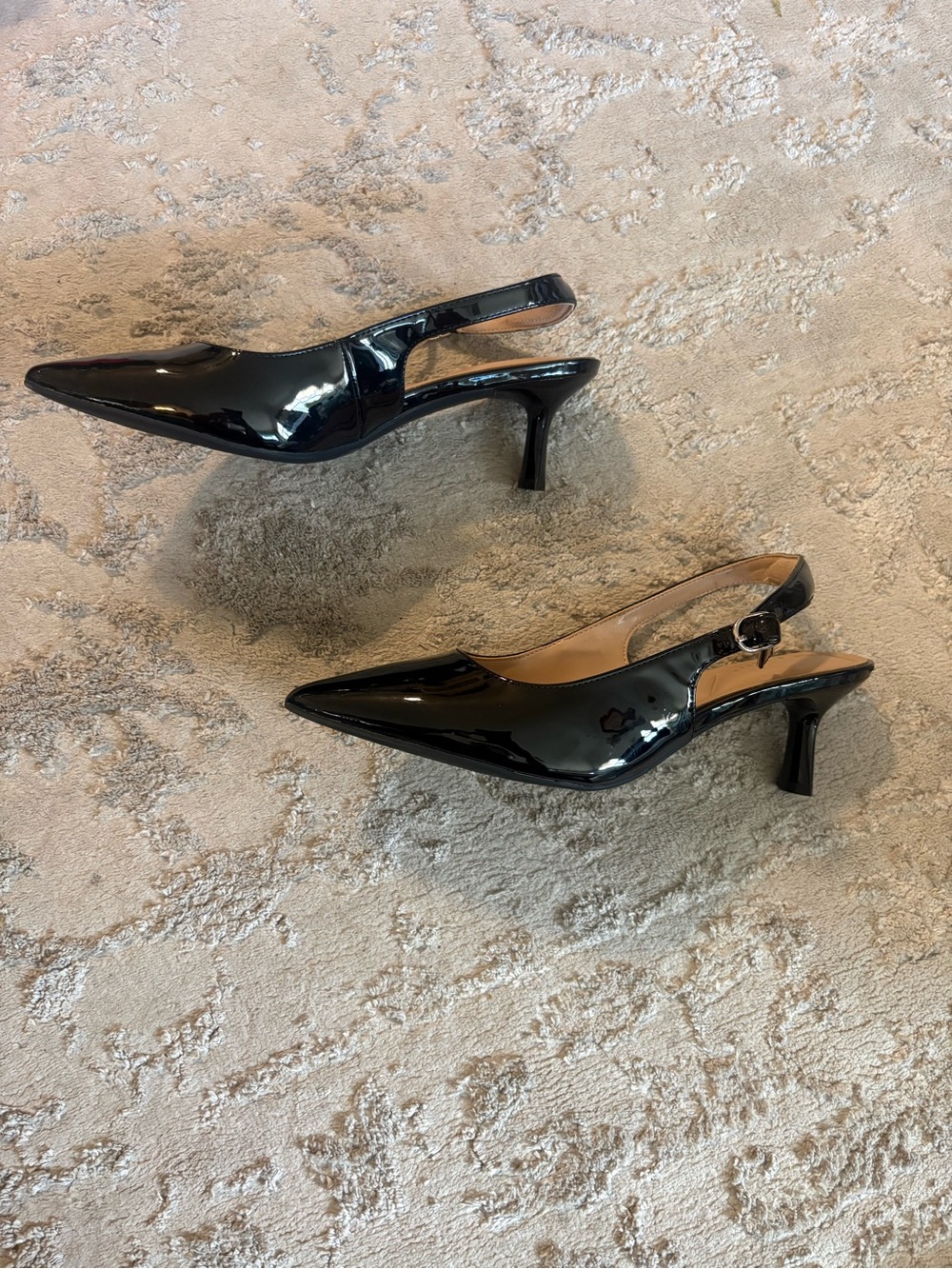 Kelly and Katie  Black Patent Pointed-Toe Slingback Kitten Heels